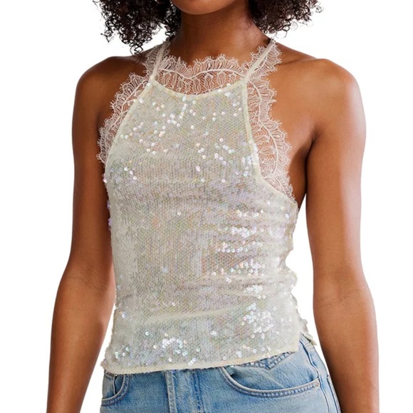 NWT Sequin Lace Halter Top Cream Free People - Picture 1 of 13
